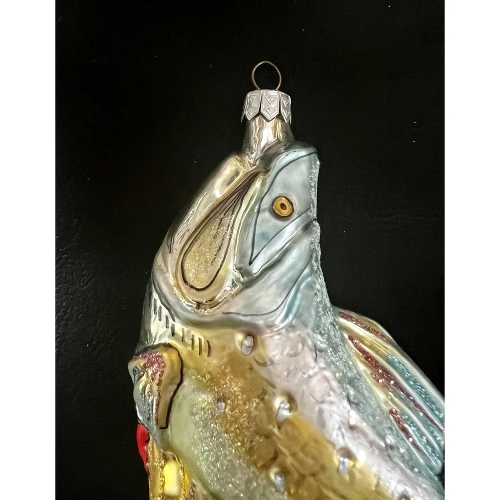 Slavic Treasures‎ Poland Blown Glass Xmas Ornament Fishing Pole, Bag and Fish